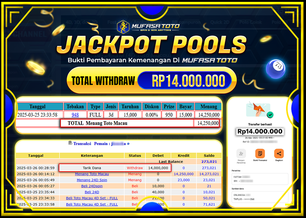 MUFASATOTO JACKPOT POOL TOTO MACAU Rp 14.000.000 | LUNAS